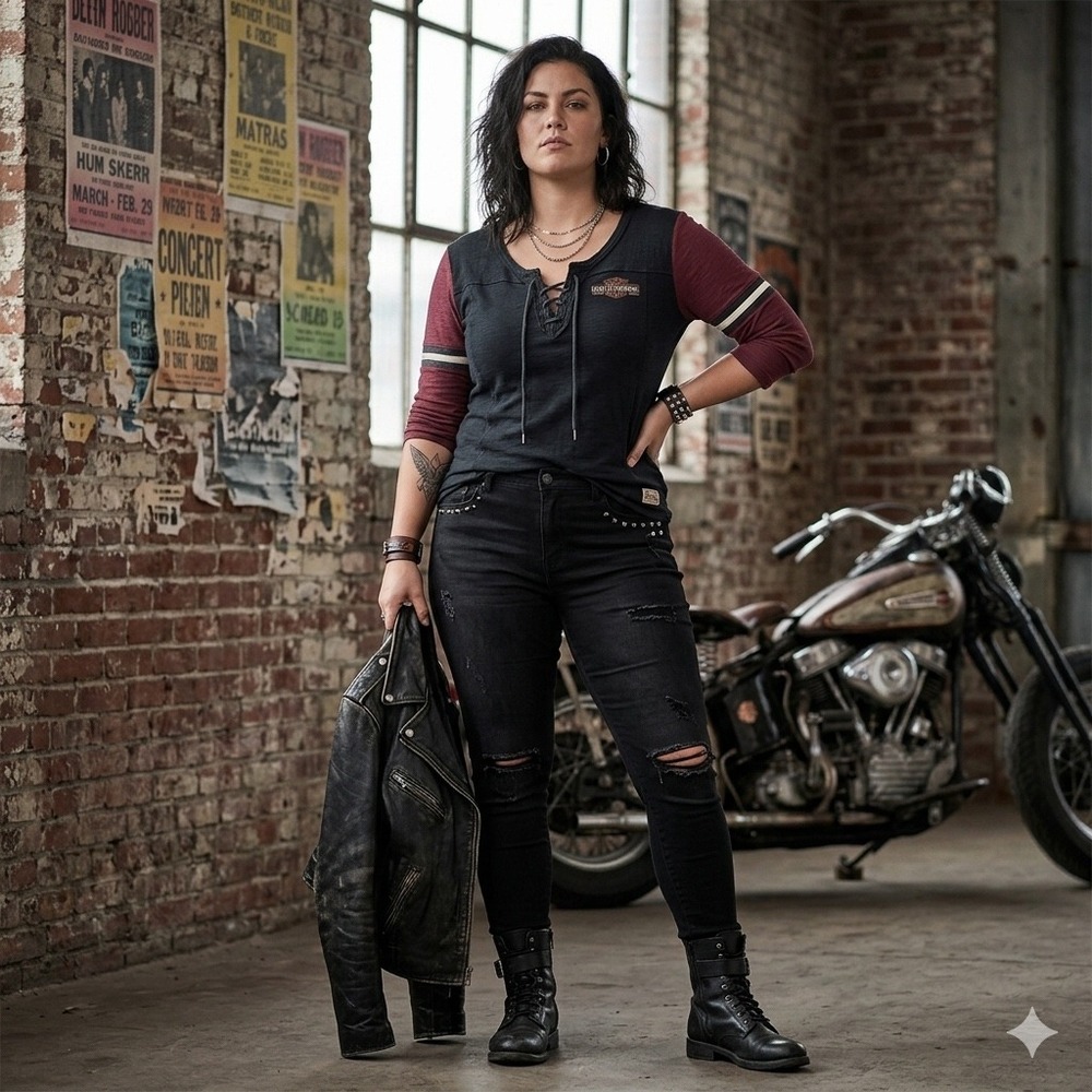 Womens Biker Lace Up 3/4 Sleeve Black Burgundy Graphic Top Harley-Davidson L